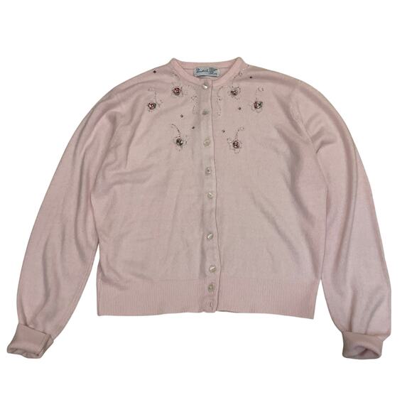 Rare 50's Pandora Orlon Pink Cardigan Sweater | Beads Floral Rhinestones Vintage - Picture 1 of 11